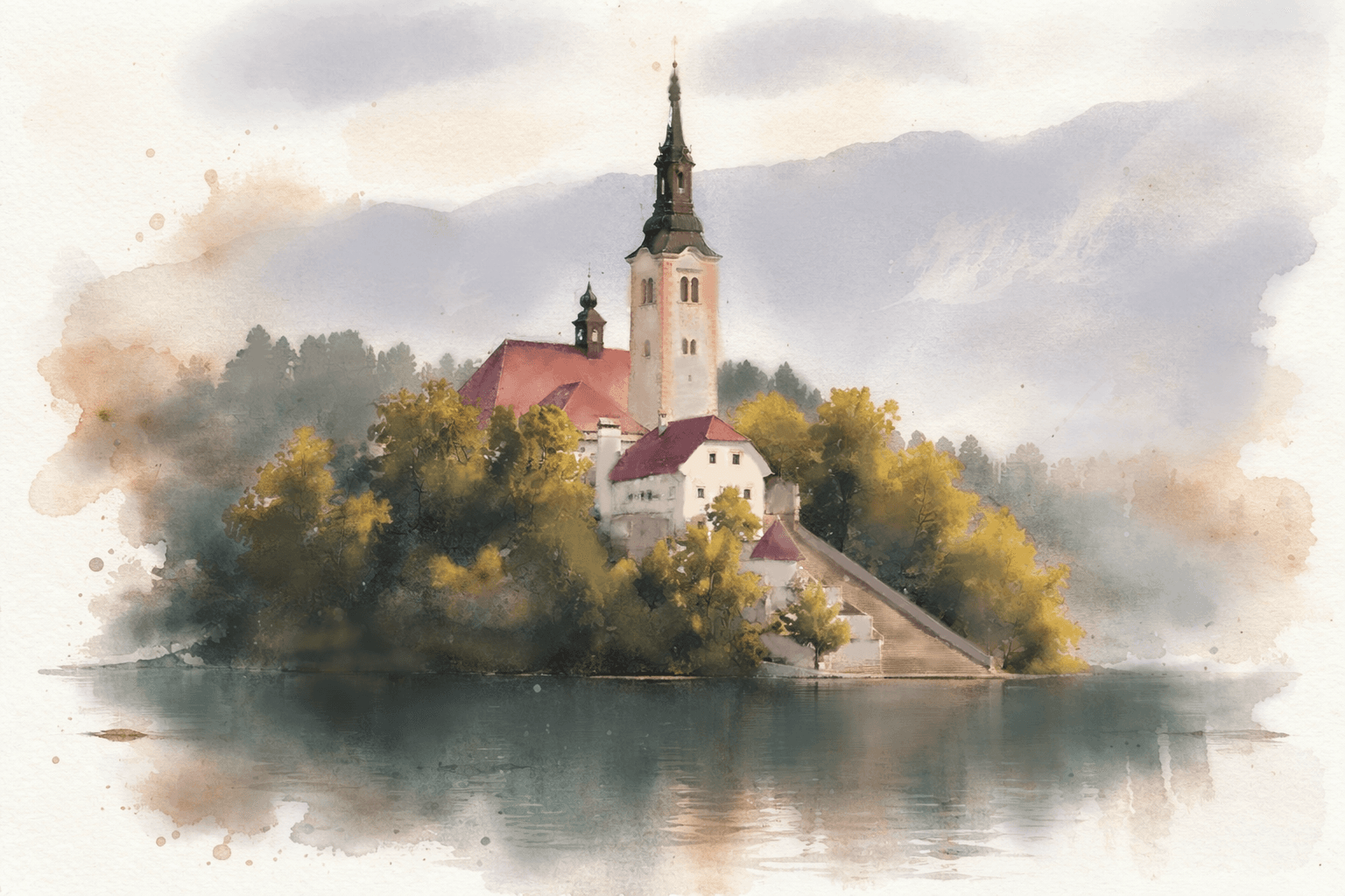Watercolor illustration of a lakeside church surrounded by trees