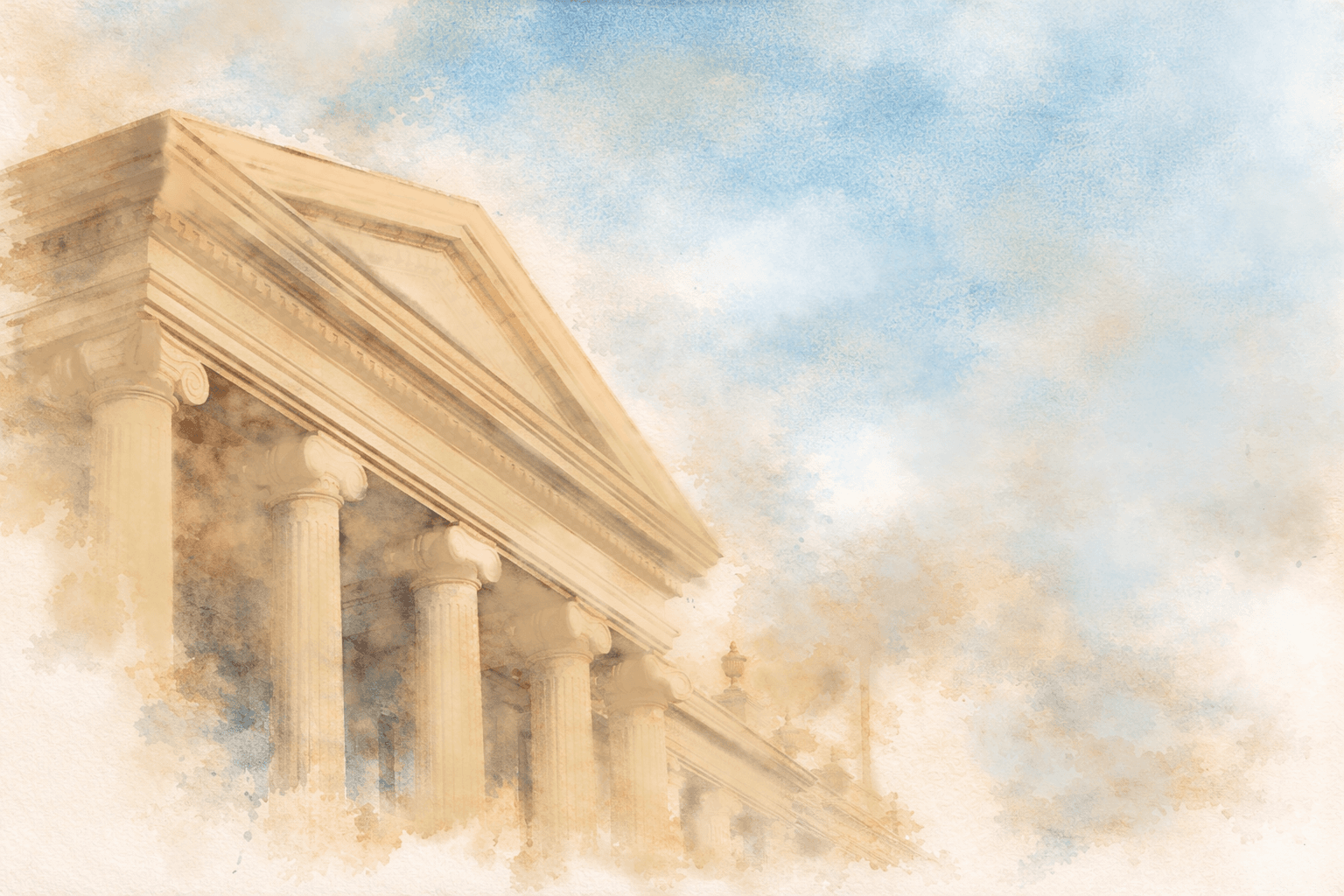 Watercolor illustration of a courthouse with tall columns