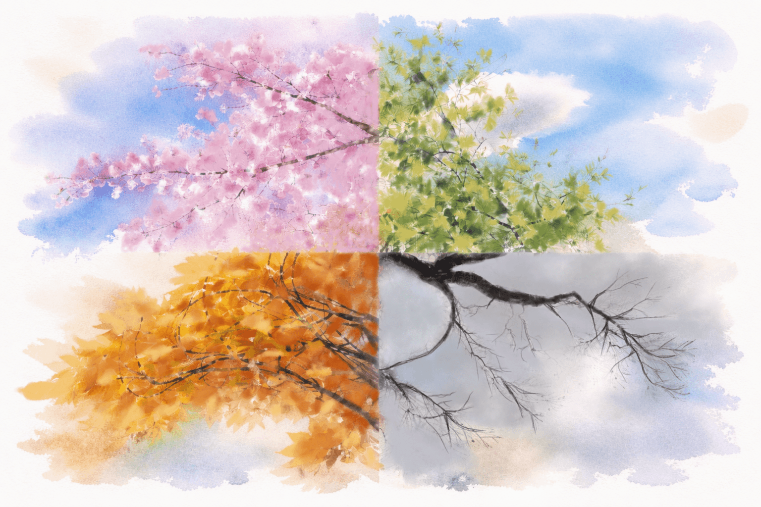 Watercolor collage of four tree branches across the seasons